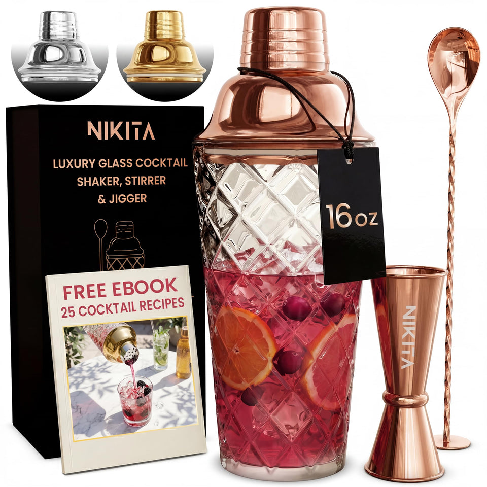 Nikita by Niki rose gold shaker 16oz for elegant entertaining.