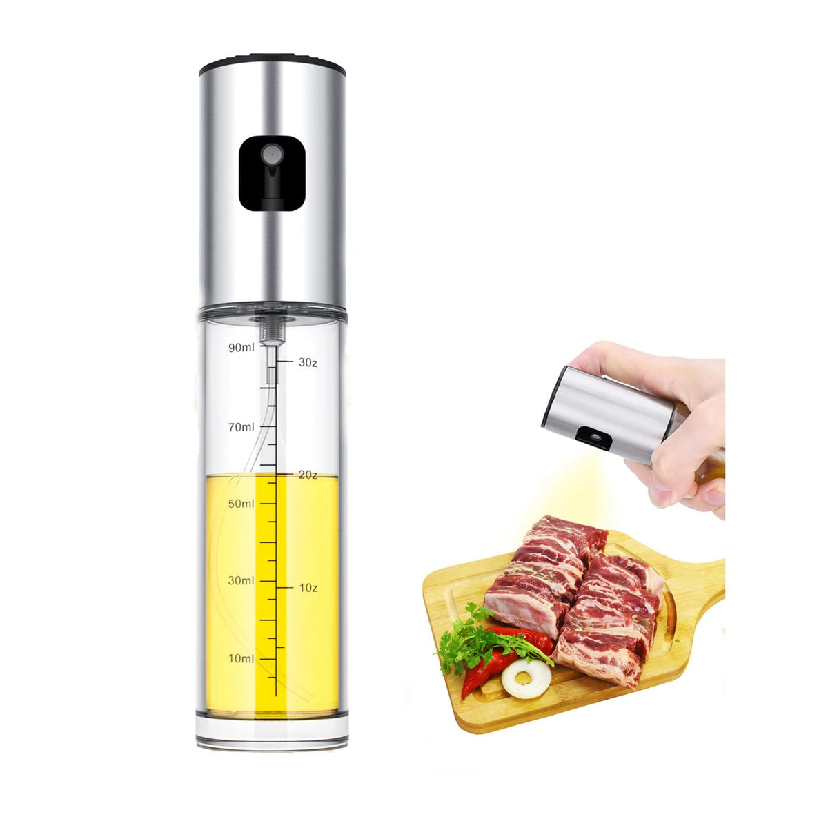 NIKKIER oil sprayer bottle with transparent body for real time oil level monitoring.