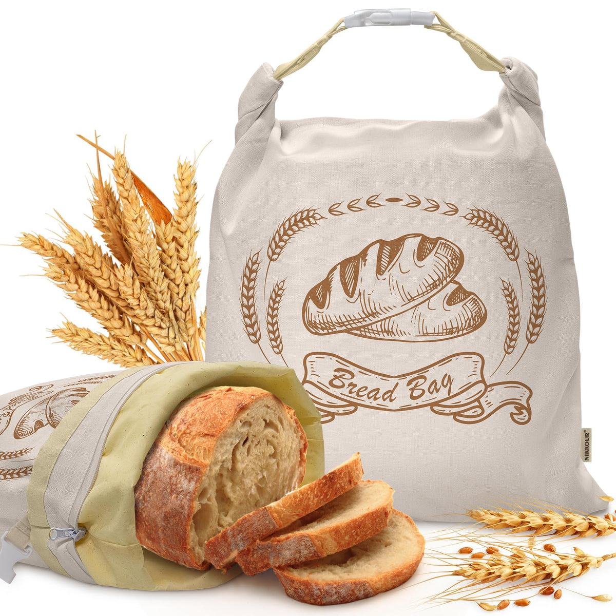 NIKKOUR large linen beeswax bread bag closed, preserving freshness with triple closure.
