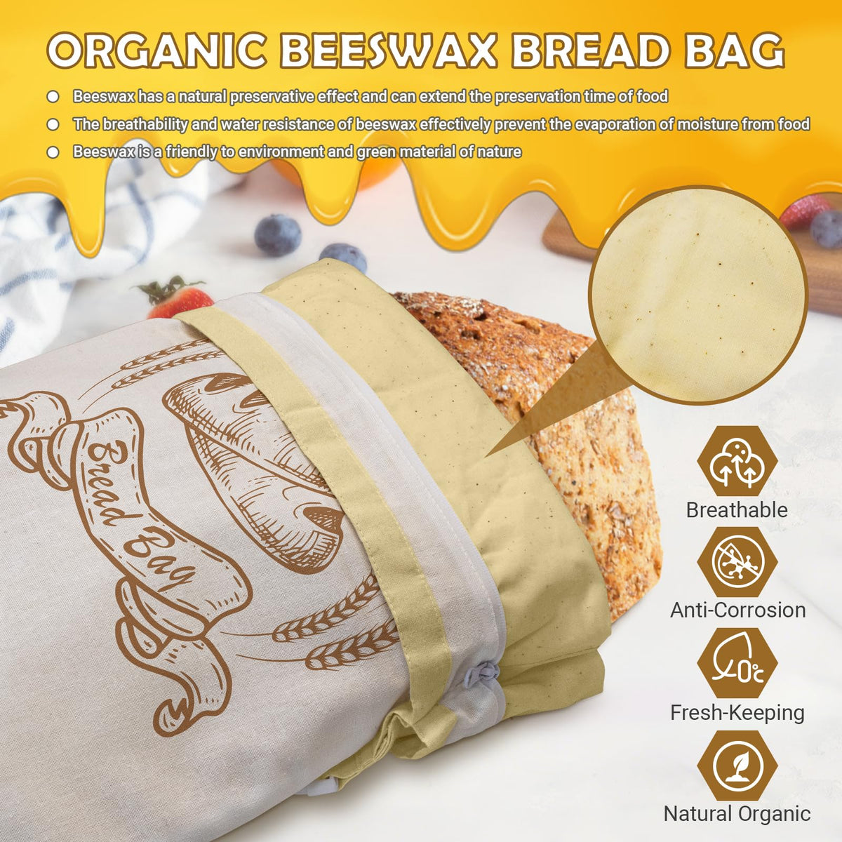 NIKKOUR large linen beeswax bread bag open showing breathable fabric and lining.