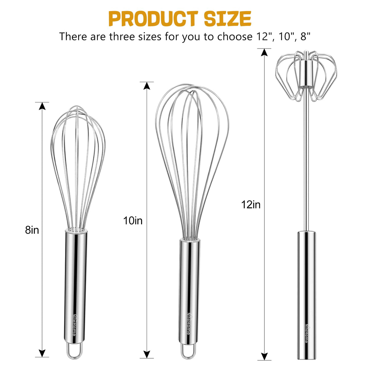 NileHome 10-inch whisk shown beside a bowl for whipping.