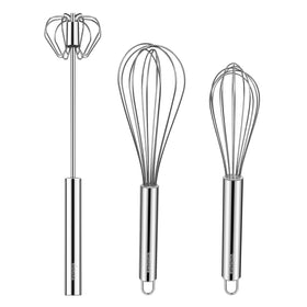 NileHome 8-inch stainless steel whisk in action for batter mixing.