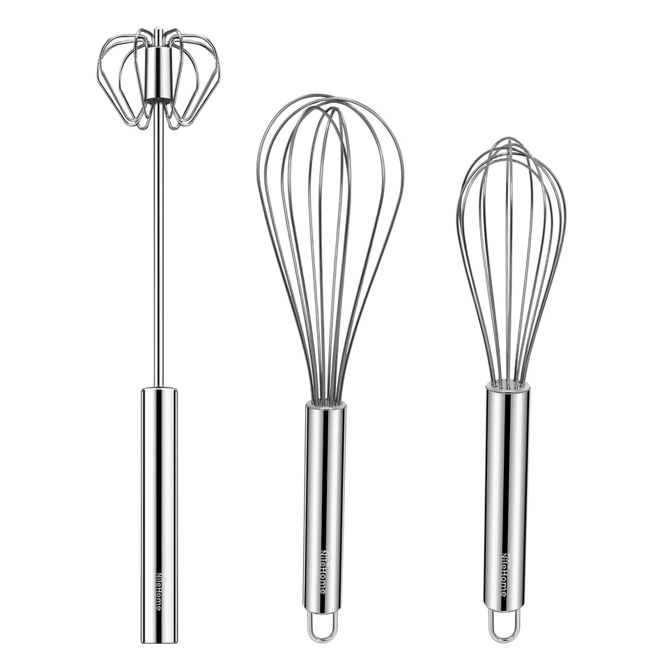 NileHome 8-inch stainless steel whisk in action for batter mixing.