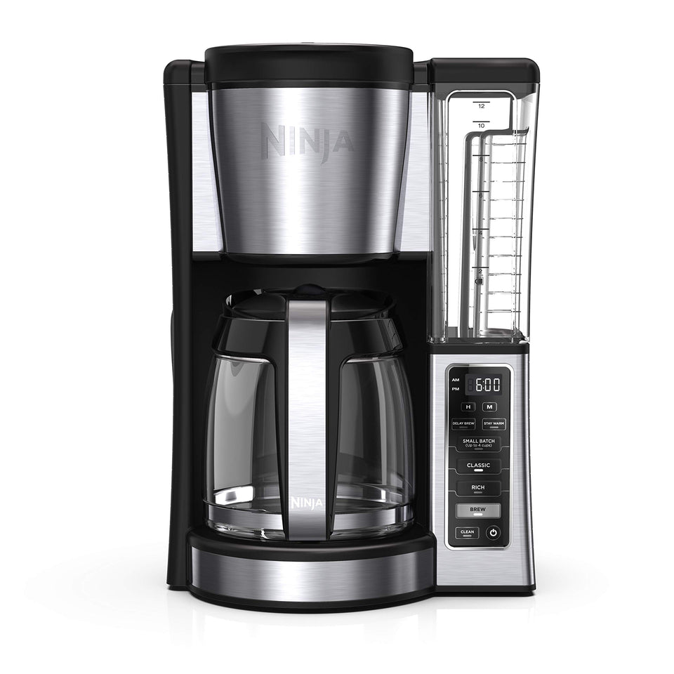 Ninja 12-cup coffee brewer with glass carafe for versatile batch sizes.