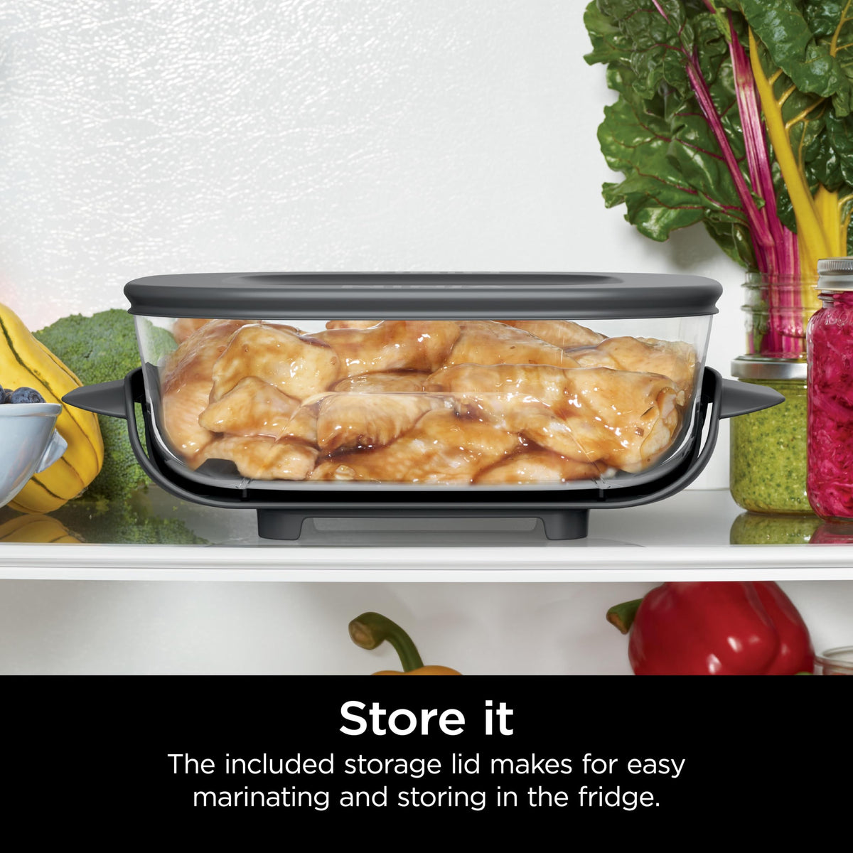Ninja marinate, prep, cook directly in the glass container.