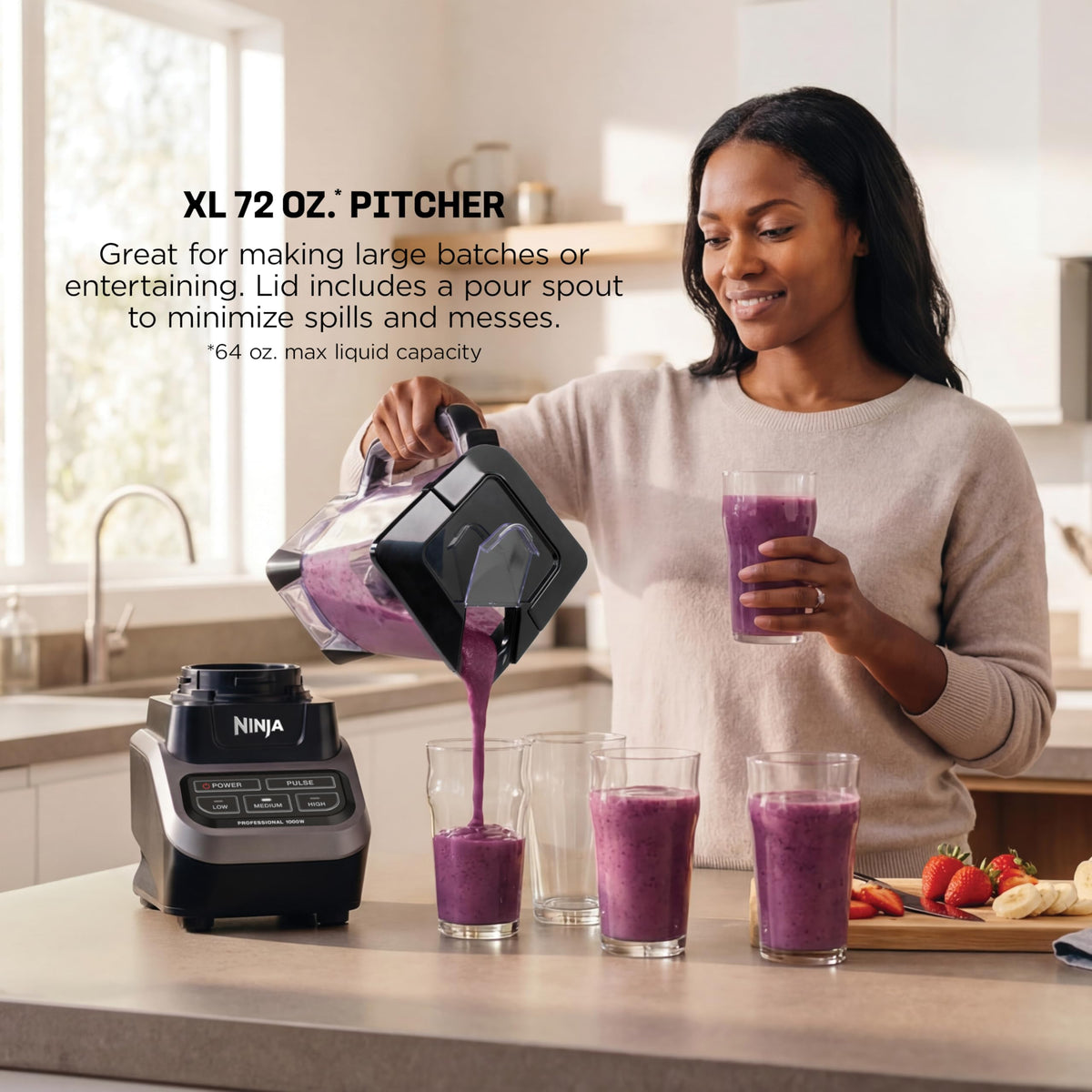 Ninja 72oz pitcher with lid for family-size beverages.
