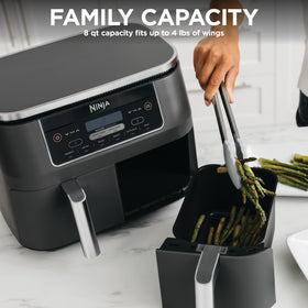 Ninja 8-quart capacity supports mains and sides for quick family meals.