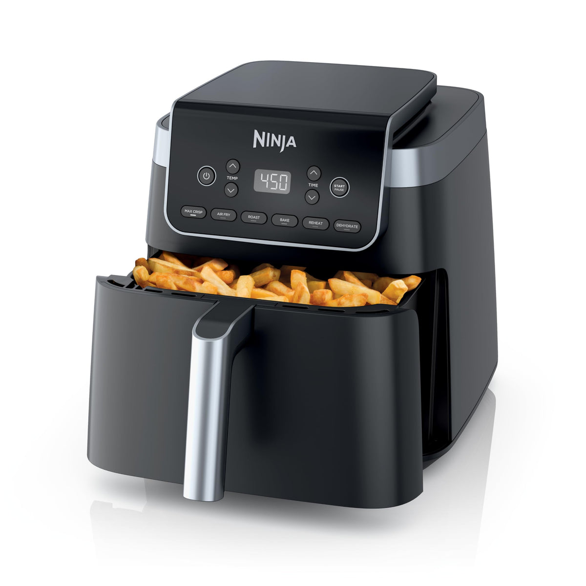 Ninja AF181 XL air fryer front view on counter delivering Max Crisp results
