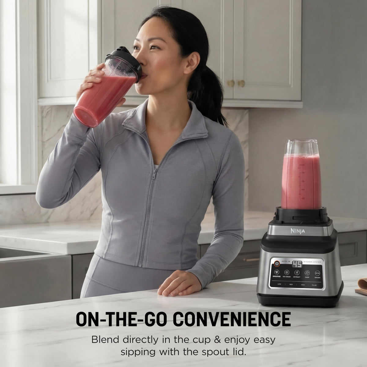 Ninja BN801 single-serve cups with lids for on-the-go smoothies.