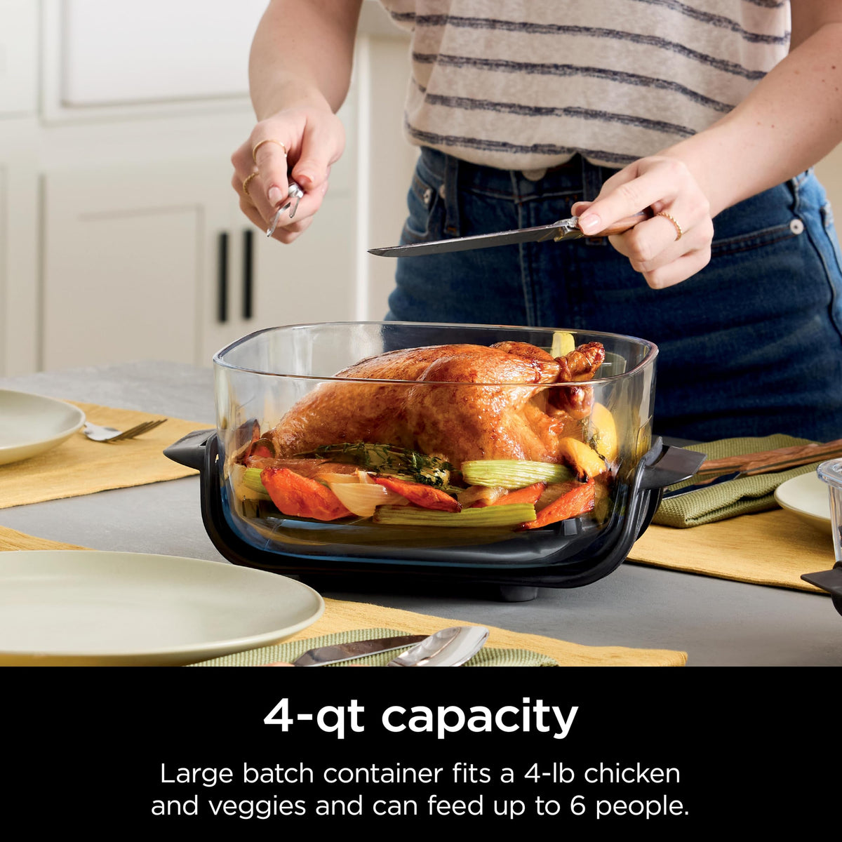 Ninja CleanCrisp storage lid on glassware keeps leftovers fresh.