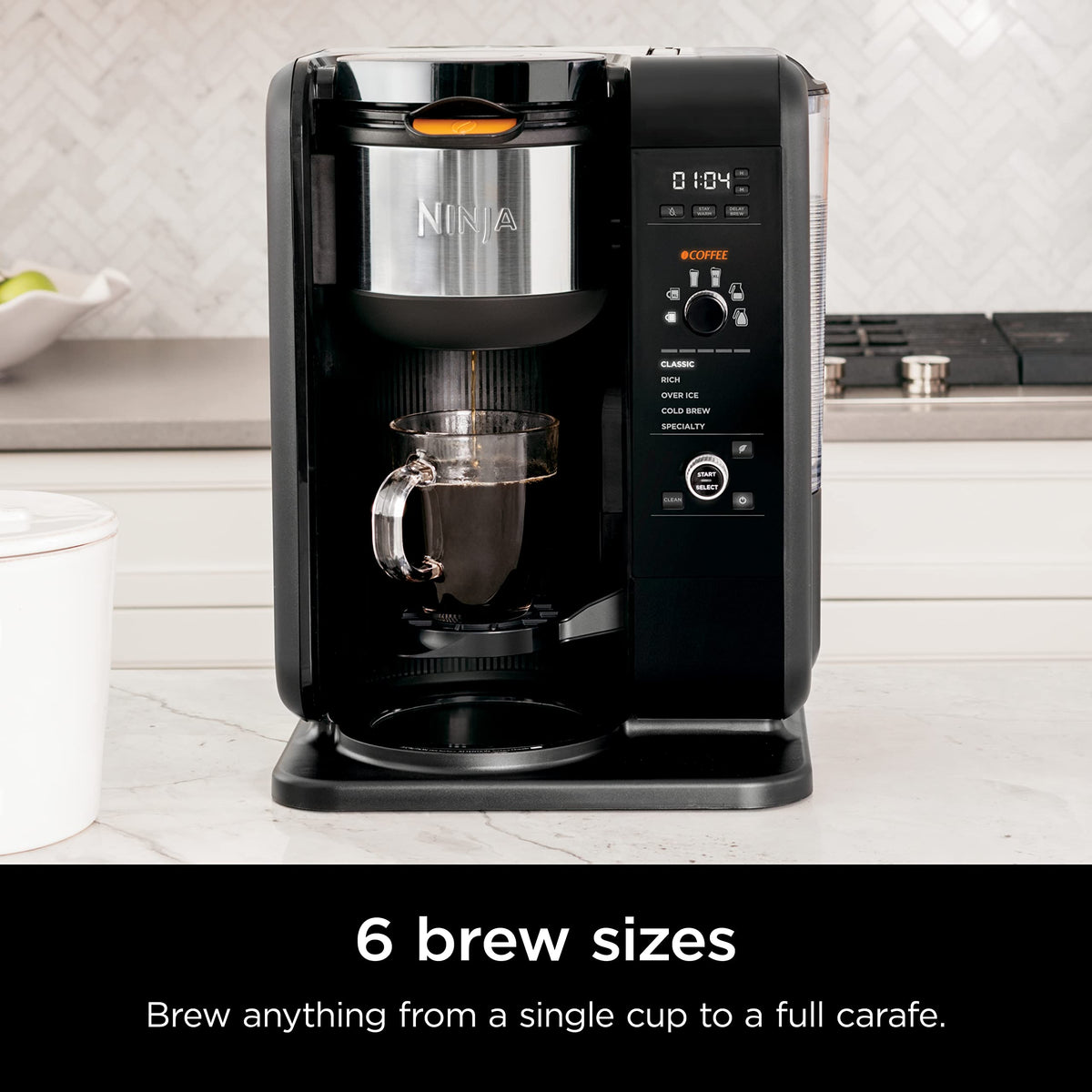 Ninja CP307 six brew sizes accommodate single cups to full carafes for every need.