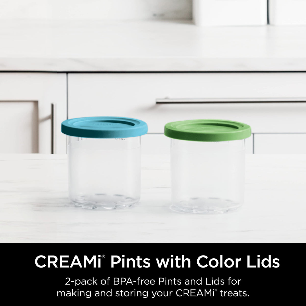 Ninja CREAMi Pints with Lime and Aqua lids: vibrant storage colors