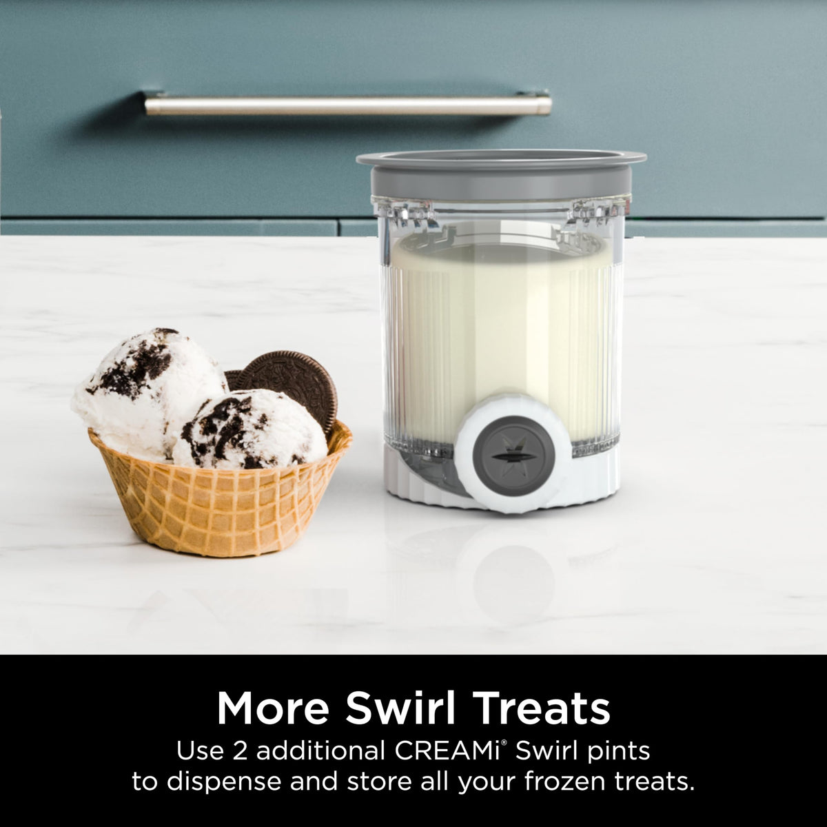 Ninja Swirl storage lids close-up showing reusable design for keeping flavors fresh.