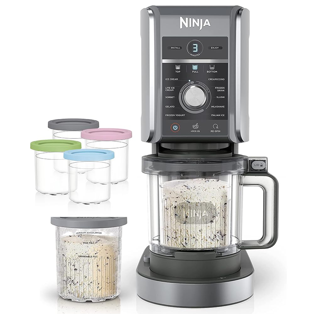 Ninja CREAMi Deluxe ice cream maker in silver for family-sized treats.