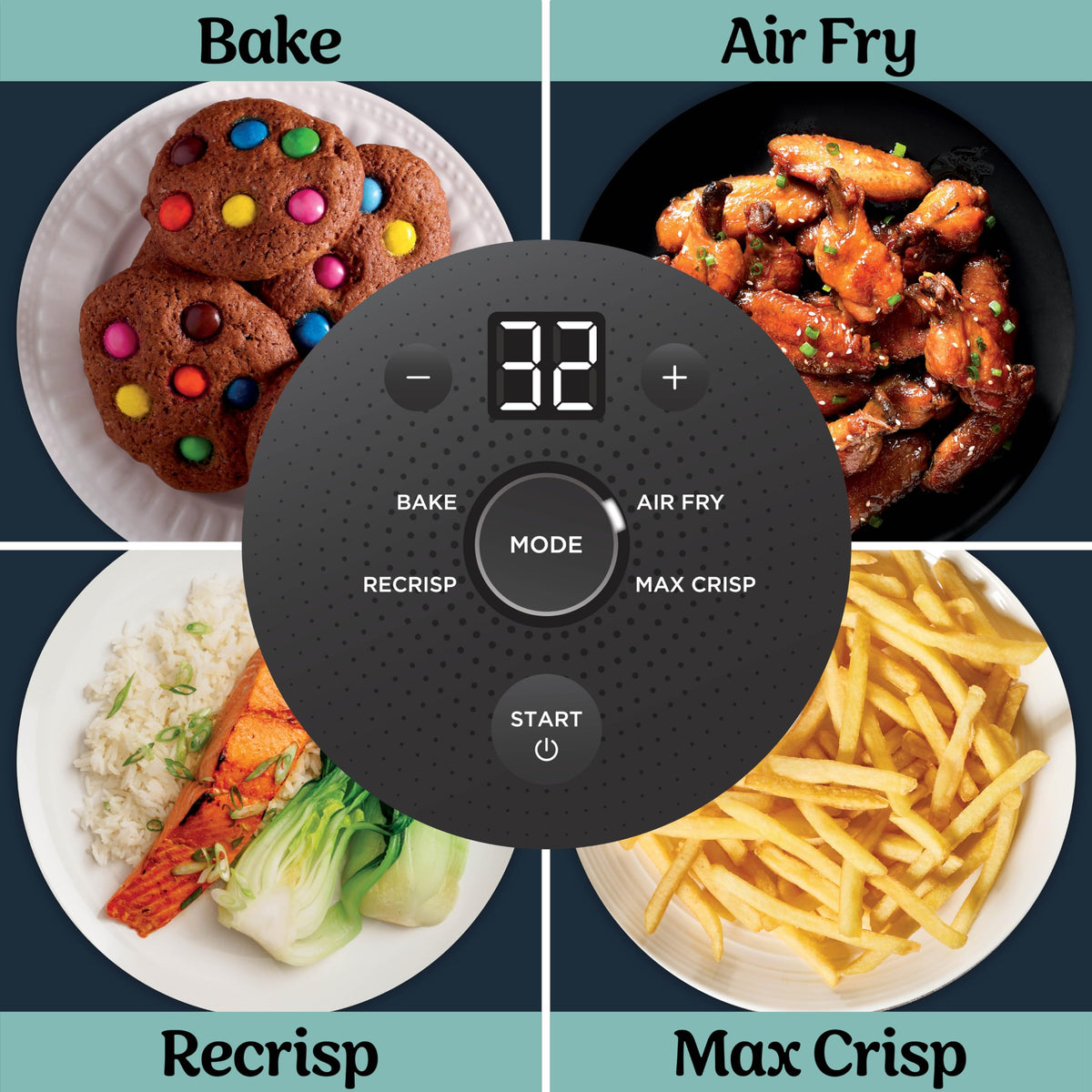 Ninja Crispi 4-in-1 functions icon highlighting Max Crisp and Recrisp modes.