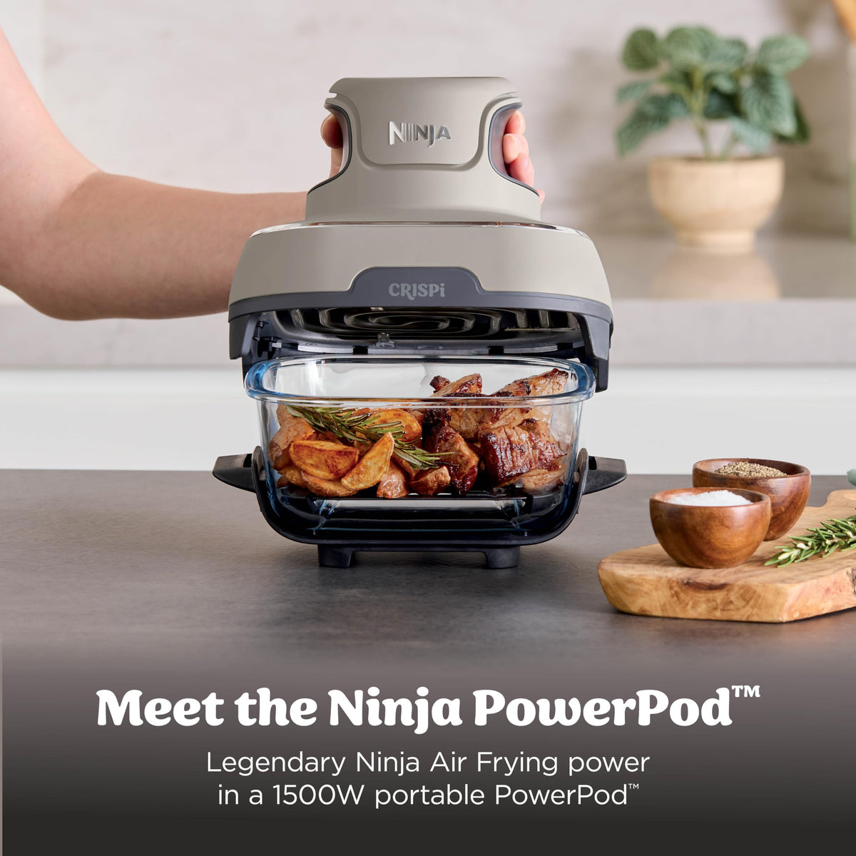 Ninja Crispi 4-qt container fits a small roast with even cooking.