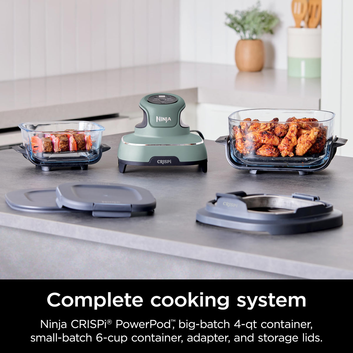 Ninja Crispi 4-qt glass container ready for family-sized chicken and veggies