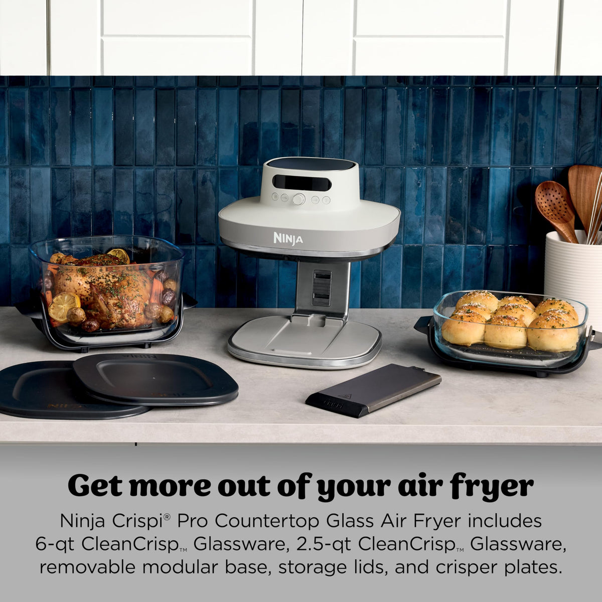 Ninja Crispi Pro 6qt glassware designed for large batches and leftovers.