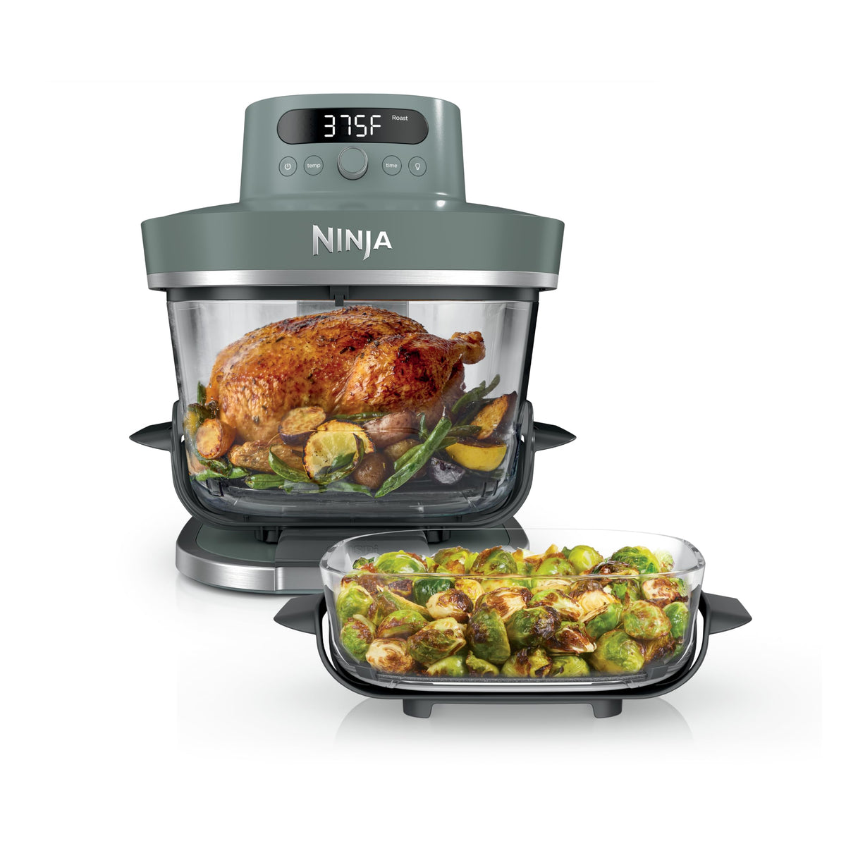 Ninja Crispi Pro glass countertop unit on kitchen counter for quick family meals.