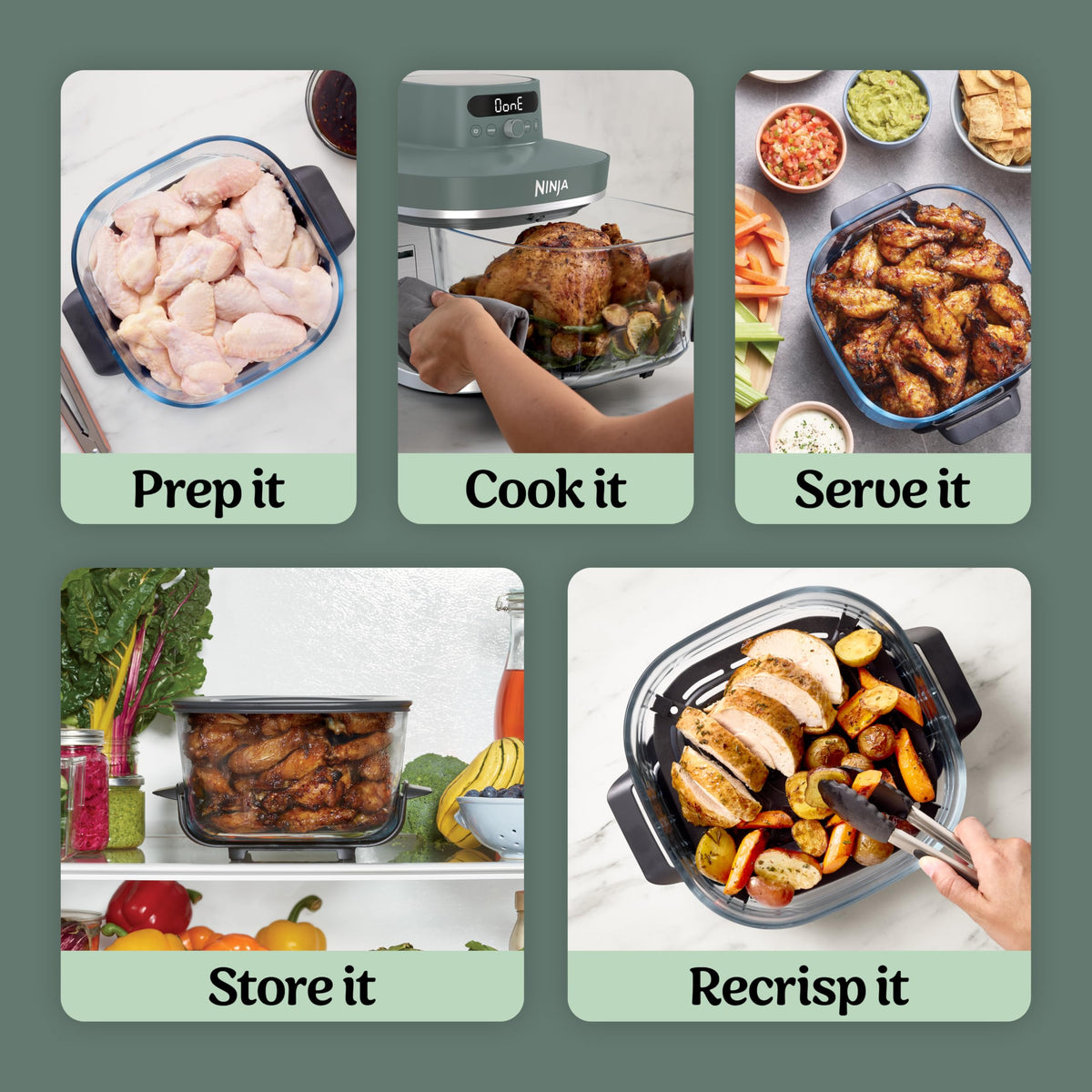 Ninja Crispi Pro leak-proof storage lids keeping leftovers fresh.