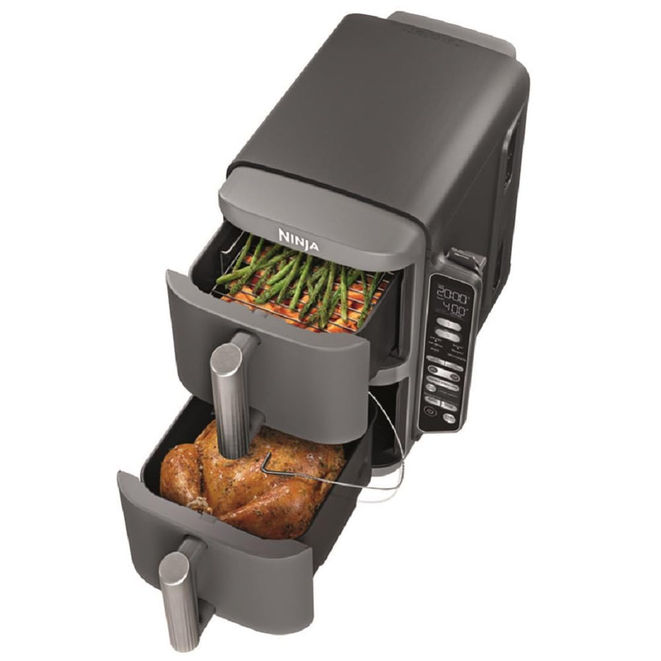 Ninja Doublestack XL two-basket design enables simultaneous cooking for bigger meals.