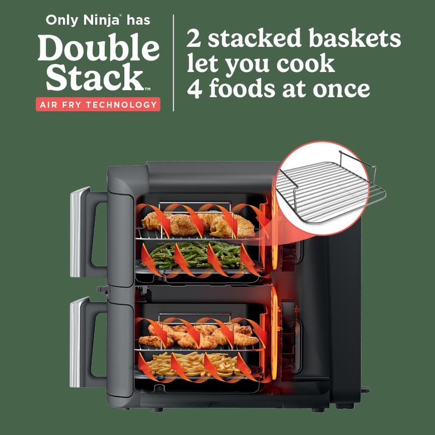 Ninja Doublestack XL cooks four foods at once with stacked meal racks for variety.
