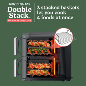 Ninja Doublestack XL cooks four foods at once with stacked meal racks for variety.