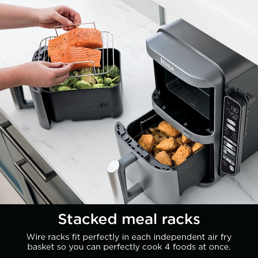 Ninja 6-in-1 modes: Air Fry, Air Broil, Roast, Bake, Reheat, Dehydrate.