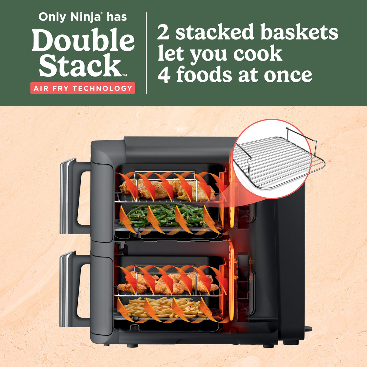 Ninja DoubleStack XL with two independent baskets for four foods at once