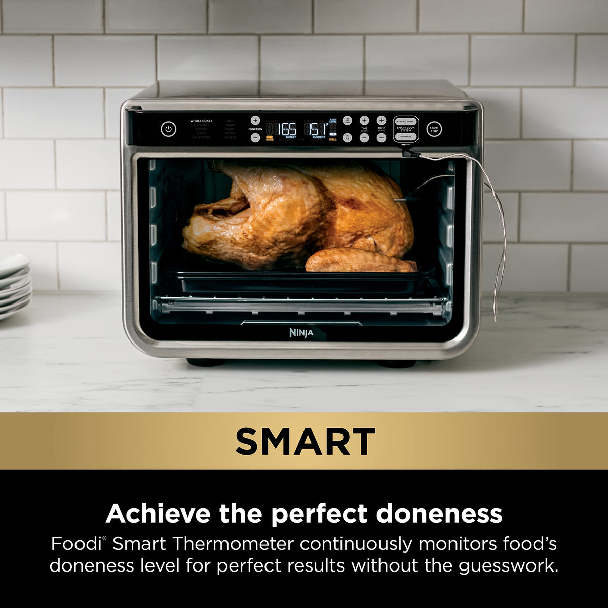 Ninja DT251 open-door view showing two-level capacity for sheet-pan meals.