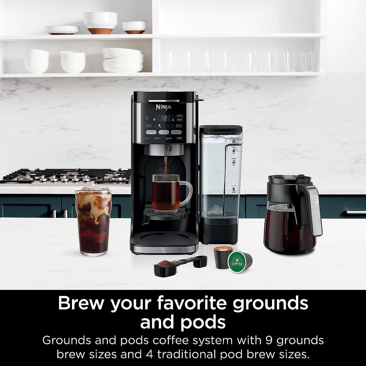 Ninja DualBrew removable 60oz reservoir in use, easy to refill and minimize sink trips