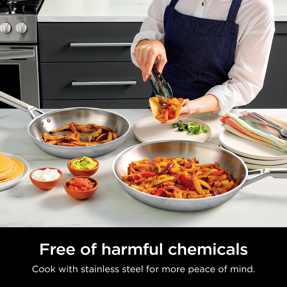 Ninja EverClad oven-safe up to 600°F for stove-to-oven transitions.