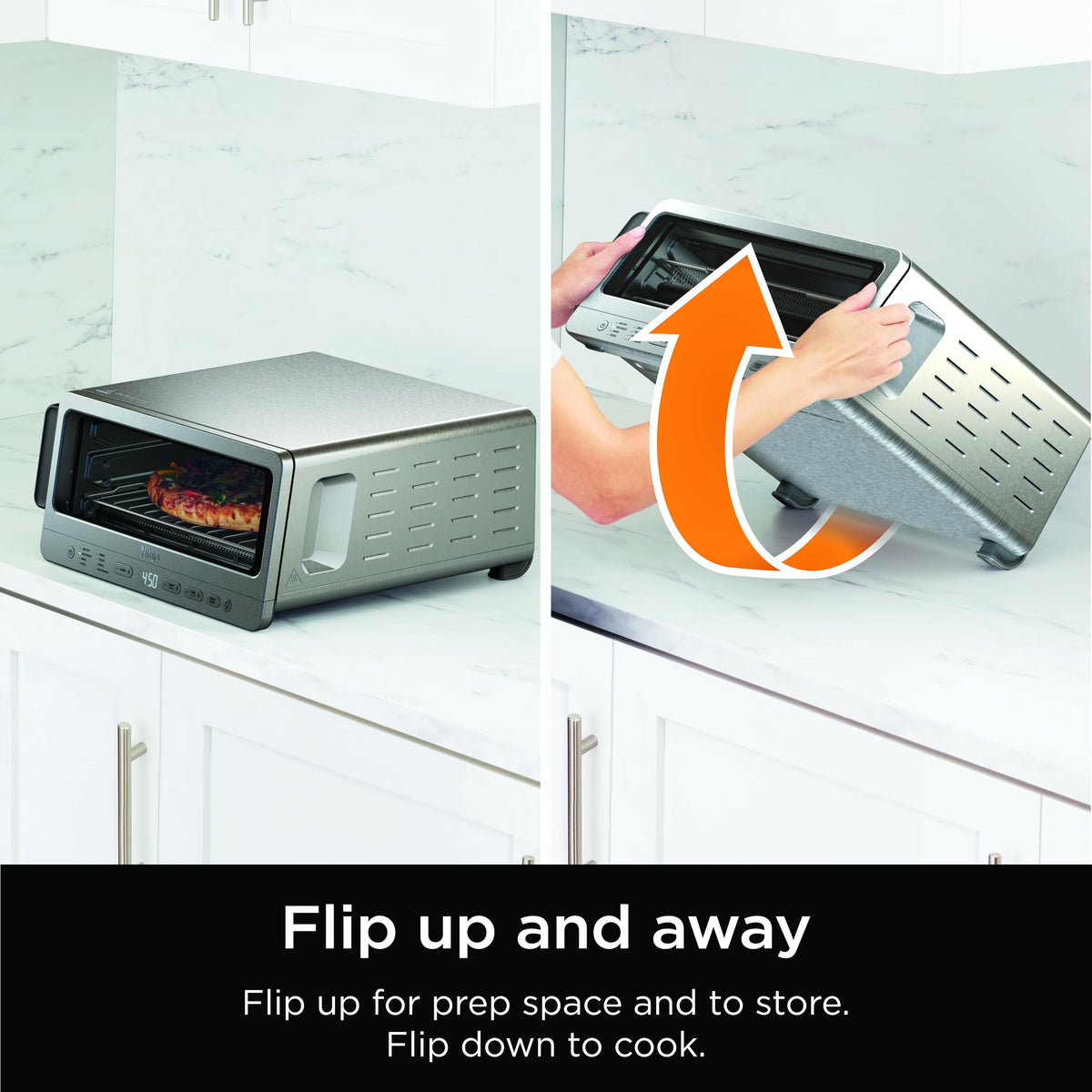 Ninja Flip Toaster Oven open door reveals versatile interior for meals.
