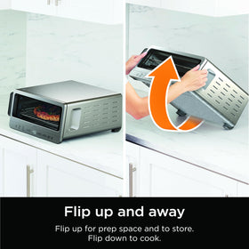 Ninja Flip Toaster Oven open door reveals versatile interior for meals.