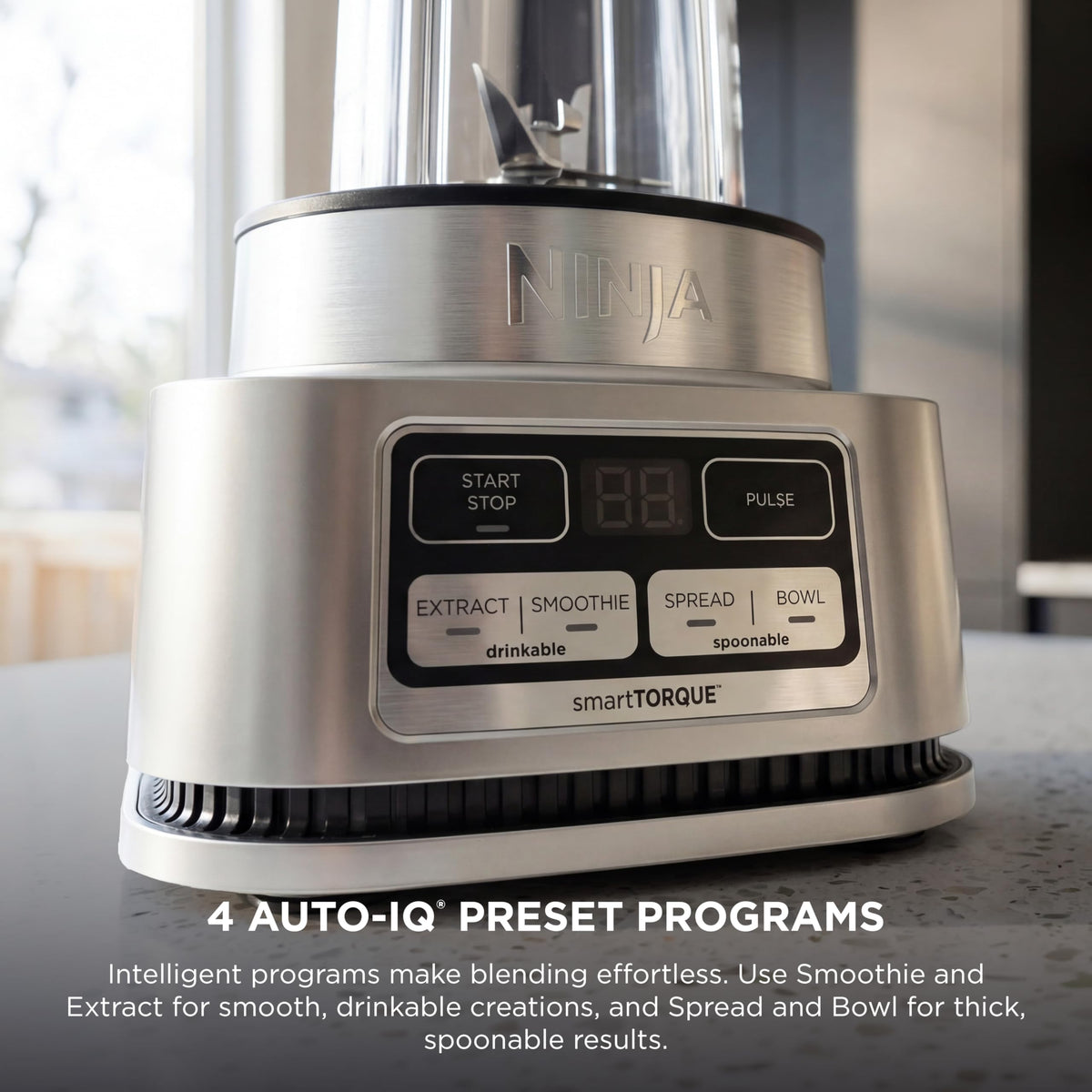 Ninja Foodi built-in tamper helps thick blends achieve creamy texture.