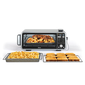 Ninja Foodi dual-heat front view, showcasing versatile kitchen appliance in stainless steel.