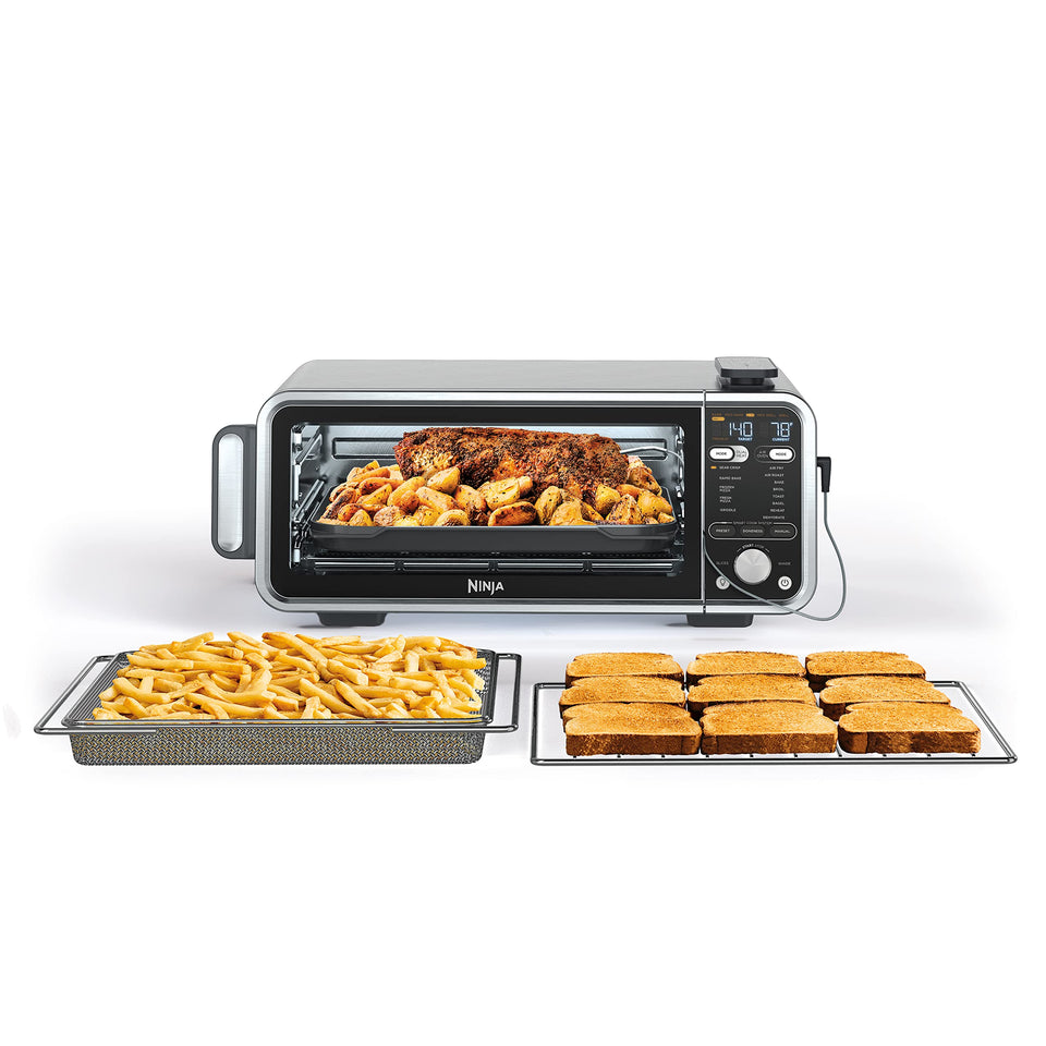 Ninja Foodi dual-heat front view, showcasing versatile kitchen appliance in stainless steel.