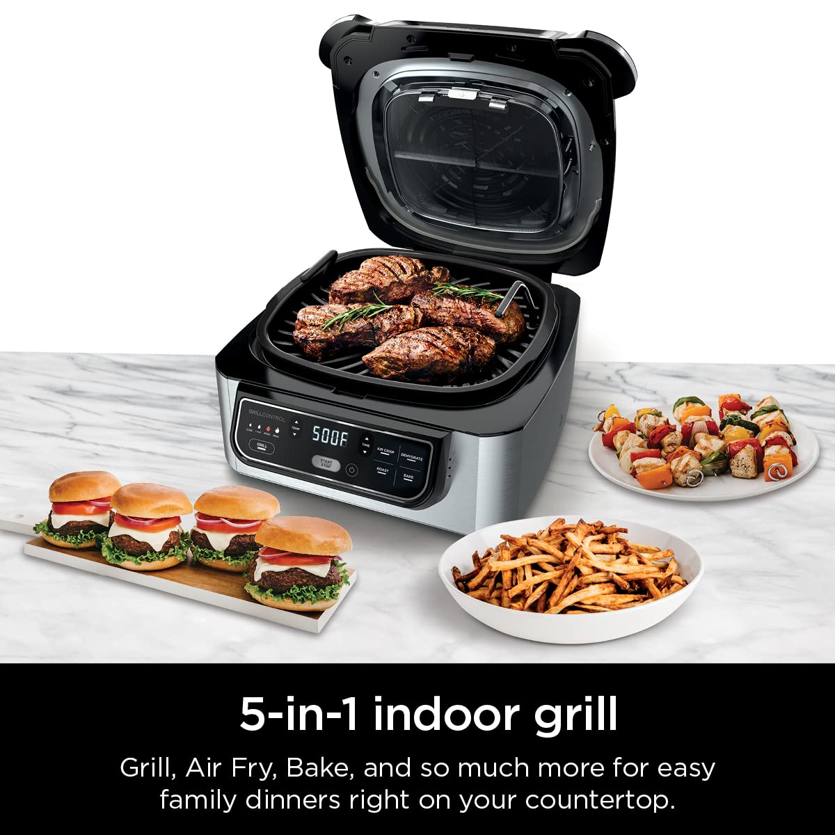 Ninja Foodi Indoor Grill showing char-grill marks on food.