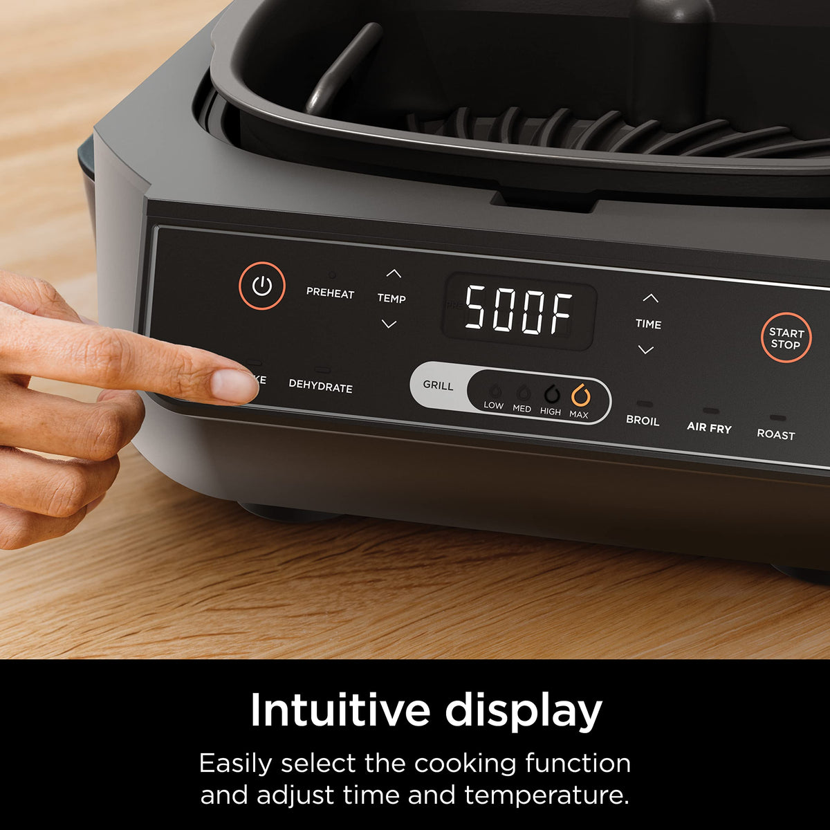 Ninja Foodi Indoor Grill multi-function display helps control options.