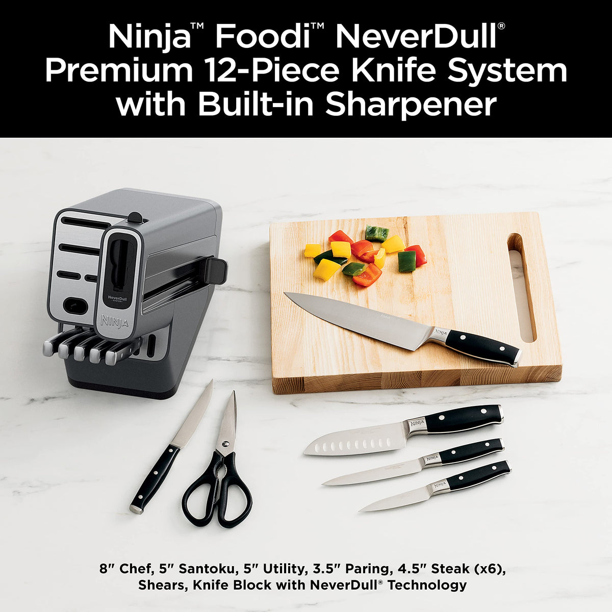 Ninja Foodi NeverDull 8in chef knife slices with balanced control.