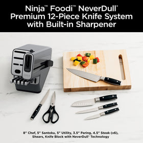 Ninja Foodi NeverDull 8in chef knife slices with balanced control.