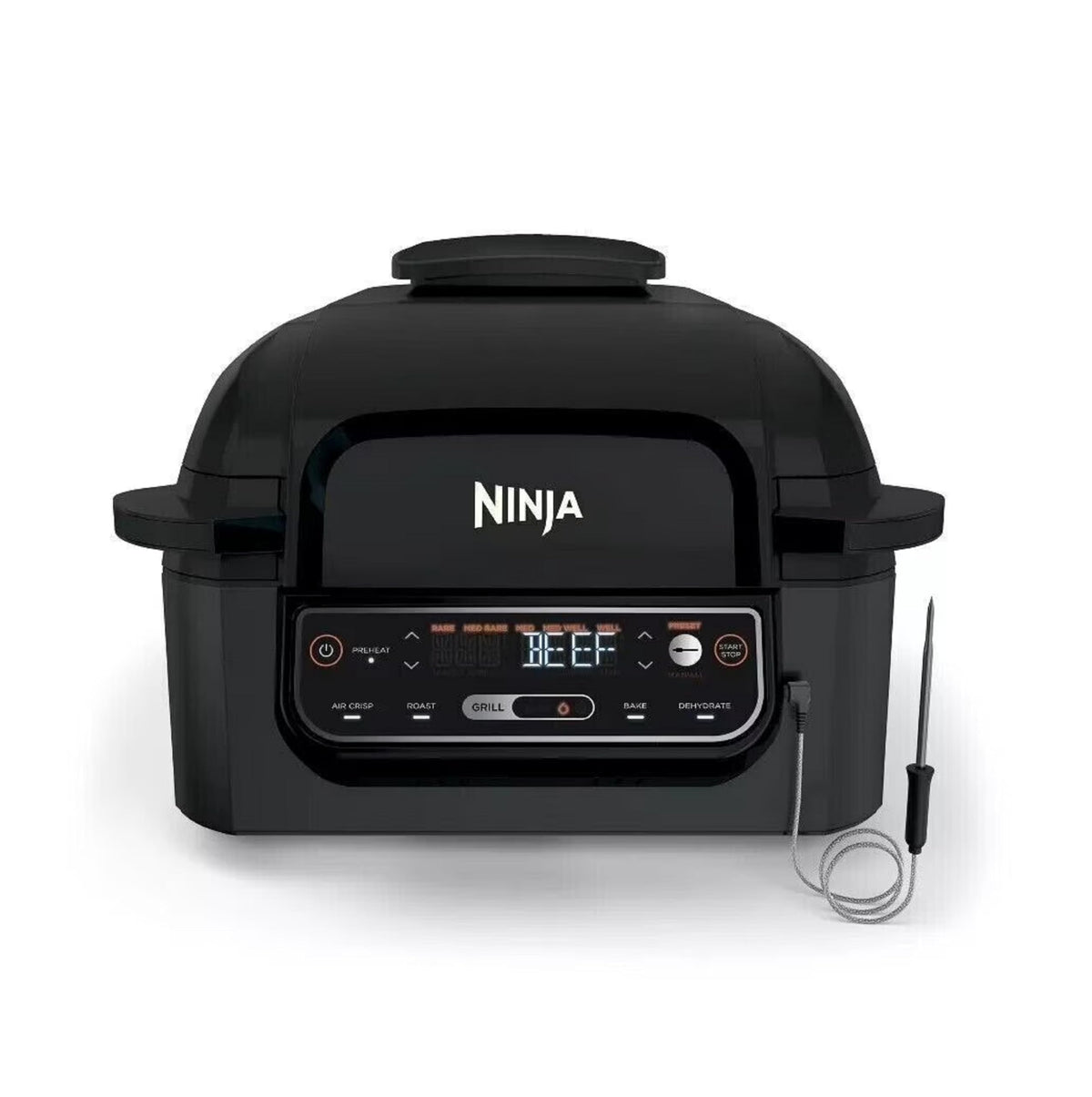 Ninja Foodi Pro indoor grill with smart probe demonstrates precise doneness for perfect meals.