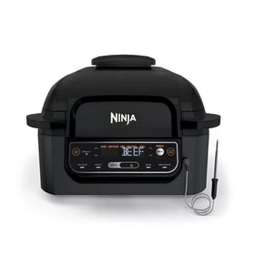 Ninja Foodi Pro indoor grill with smart probe demonstrates precise doneness for perfect meals.