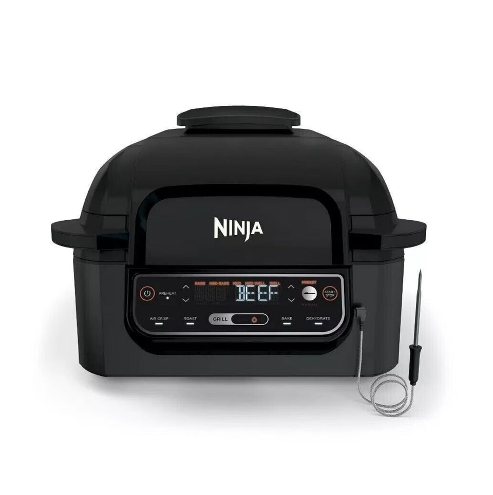 Ninja Foodi Pro indoor grill with smart probe demonstrates precise doneness for perfect meals.