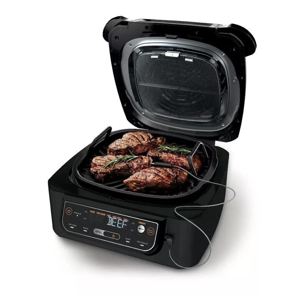 Ninja Foodi Pro integrated smart probe tracks internal temperature during searing and grilling.