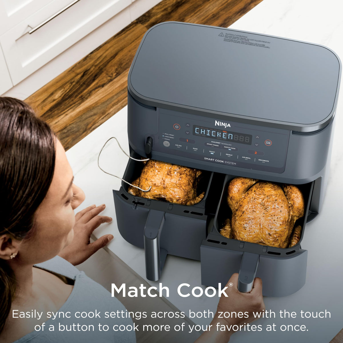 Ninja Foodi Smart Finish and Match Cook align two foods to finish together for easier meals