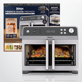 Ninja French Door Premier Air Fry Oven unit front view for family-sized meals and crispy results
