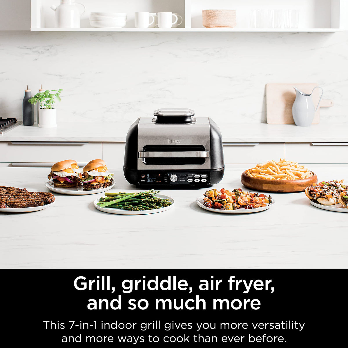 Ninja IG651 12-inch BBQ griddle cooking a variety of foods evenly.
