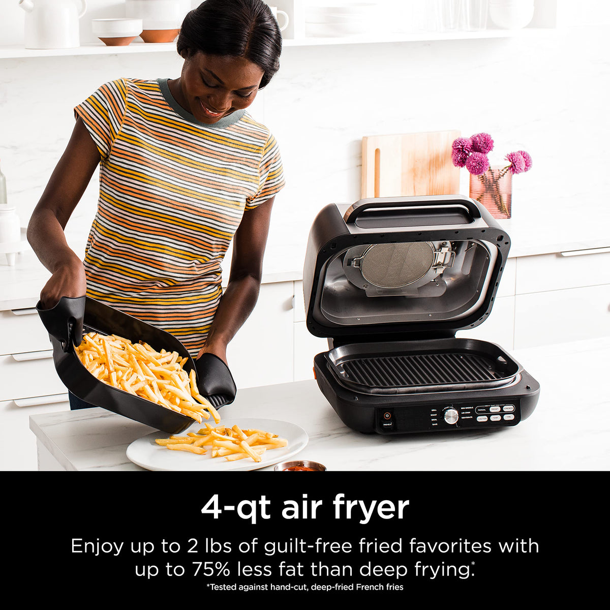 Ninja IG651 air crisp function delivers crispy textures with less oil.