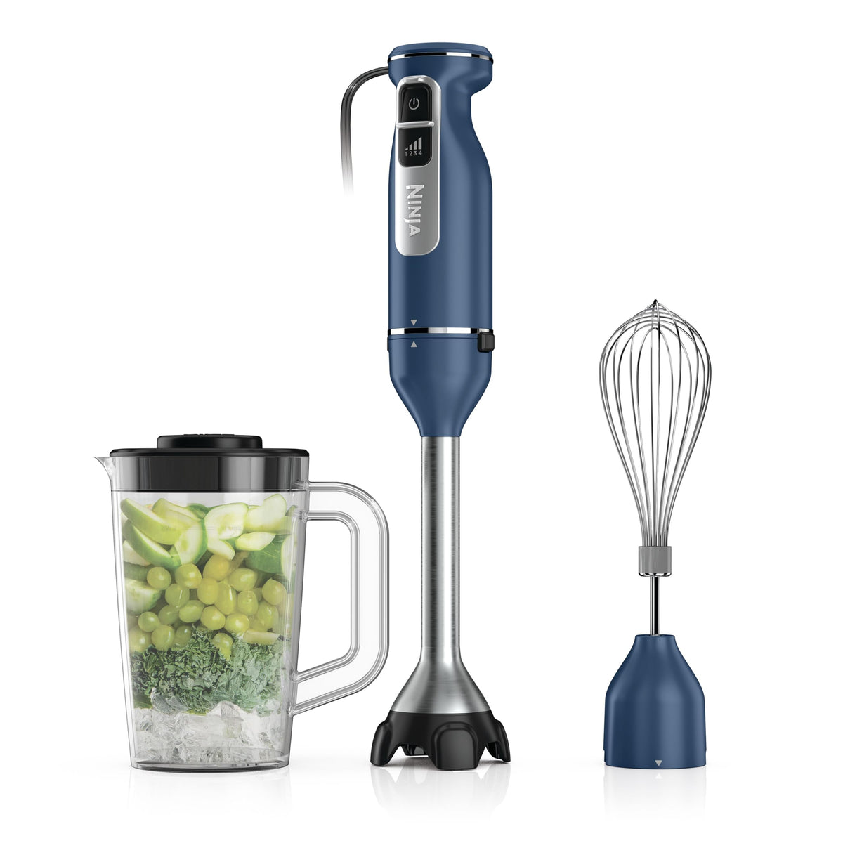 Ninja immersion blender arm 9-inch in stainless steel for smooth blending in deep pots.